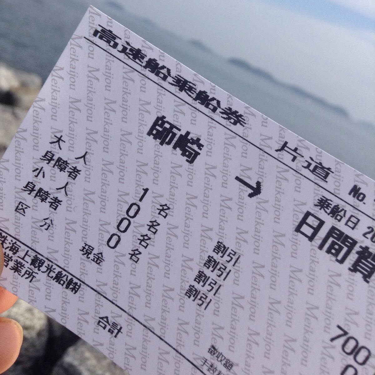 2016年1月3日に愛知県の三河湾で撮影された日間賀島への高速船の切符の写真
